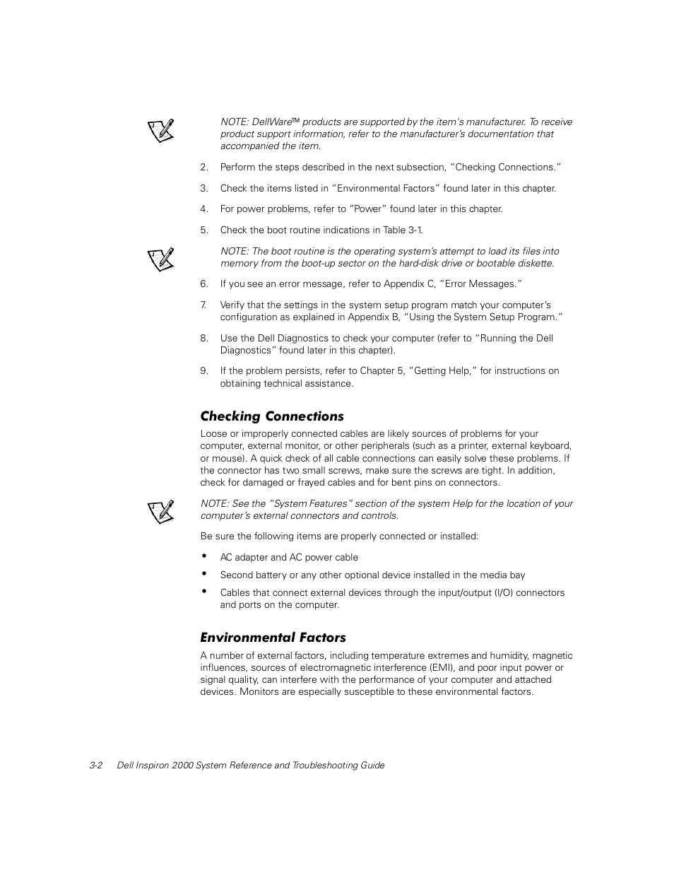 Checking connections, Environmental factors, Checking connections -2 | Environmental factors -2, Help tools -2 | Dell Inspiron 2000 User Manual | Page 40 / 132
