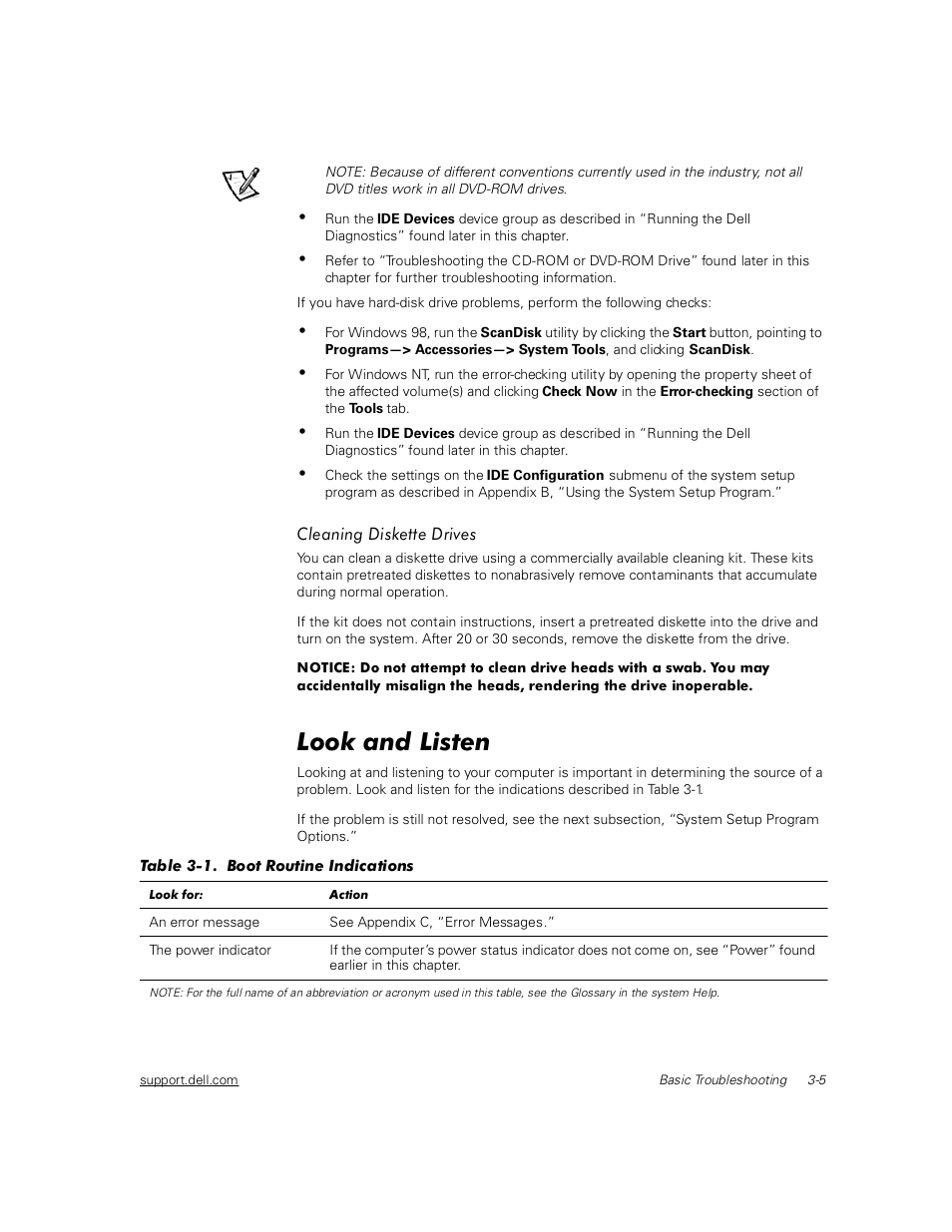 Cleaning diskette drives, Look and listen, Cleaning diskette drives -5 | Look and listen -5, Table 3-1, Boot routine indications -5 | Dell Inspiron 2000 User Manual | Page 43 / 132
