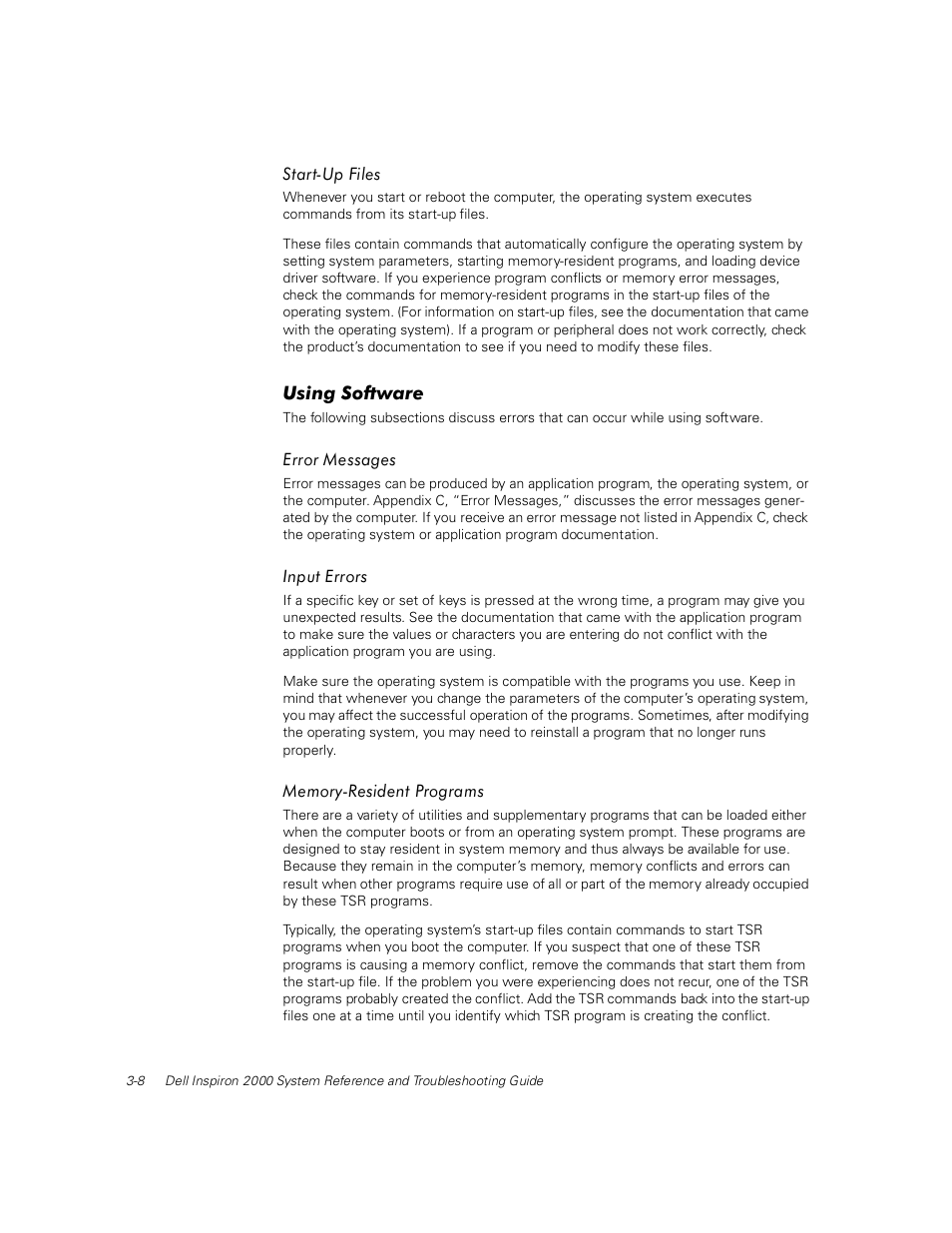 Start-up files, Using software, Error messages | Input errors, Memory-resident programs, Start-up files -8, Using software -8, Error messages -8, Input errors -8, Memory-resident programs -8 | Dell Inspiron 2000 User Manual | Page 46 / 132