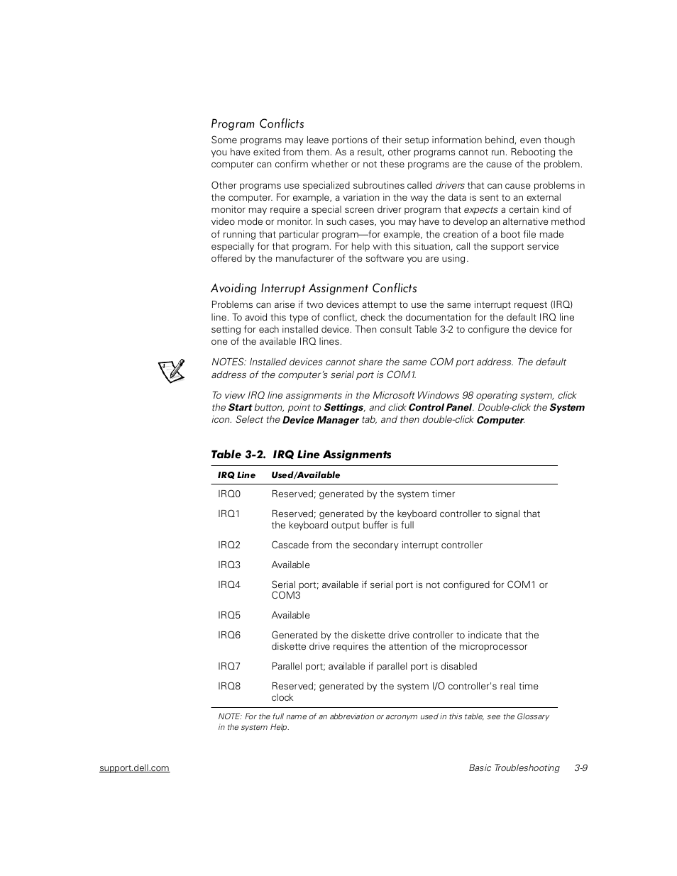 Program conflicts, Avoiding interrupt assignment conflicts, Program conflicts -9 | Avoiding interrupt assignment conflicts -9, Table 3-2, Irq line assignments -9 | Dell Inspiron 2000 User Manual | Page 47 / 132