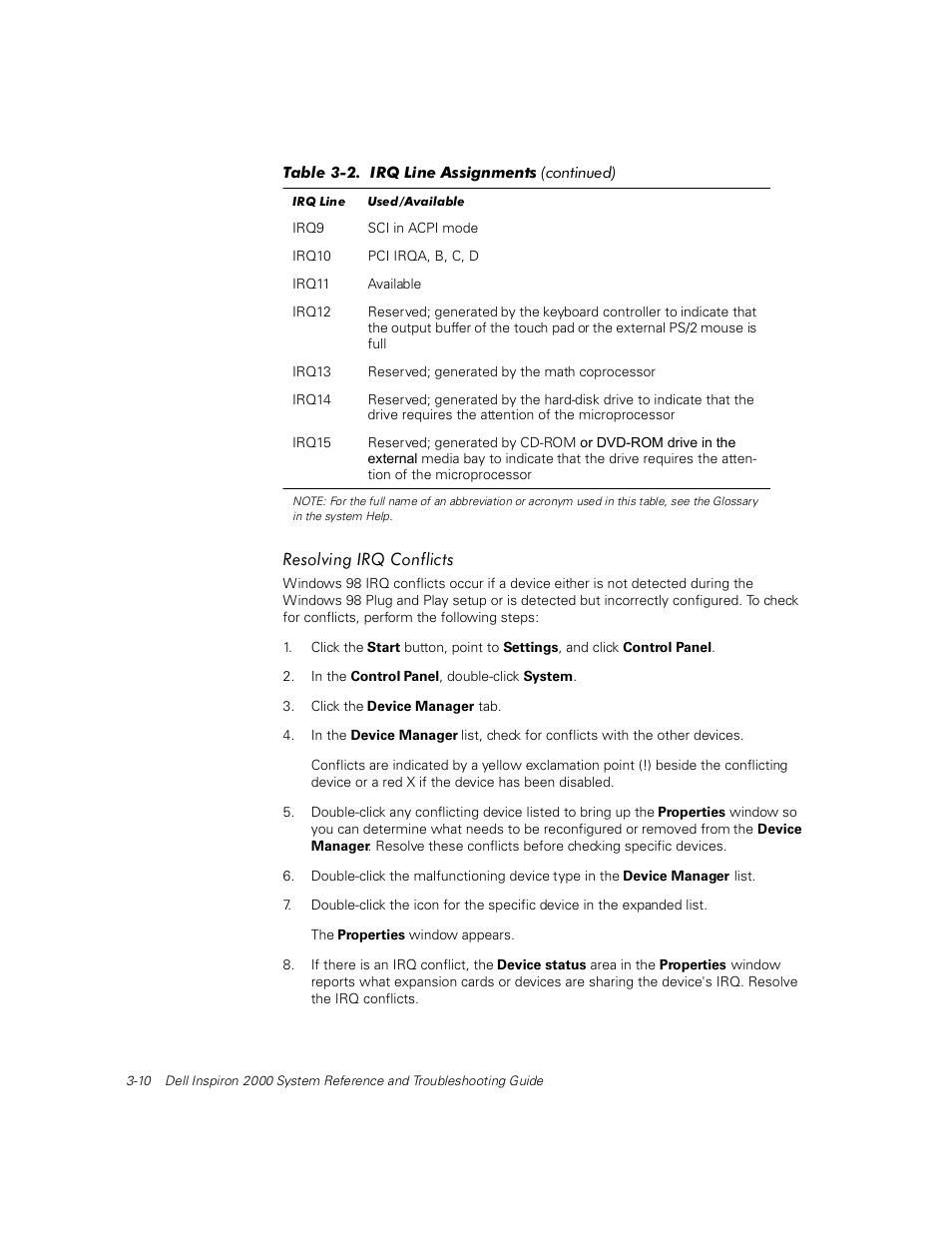 Resolving irq conflicts, Resolving irq conflicts -10 | Dell Inspiron 2000 User Manual | Page 48 / 132