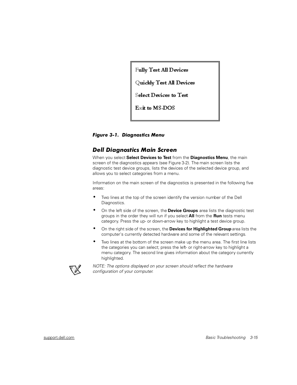 Dell diagnostics main screen, Dell diagnostics main screen -15, Figure 3-1 | Diagnostics menu -15 | Dell Inspiron 2000 User Manual | Page 53 / 132