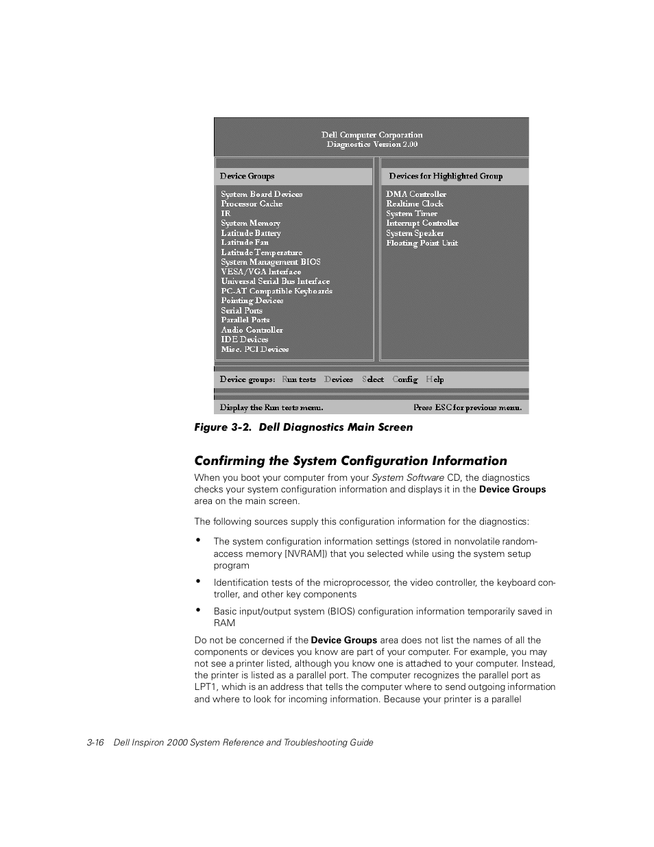 Confirming the system configuration information, Figure 3-2, Dell diagnostics main screen -16 | Dell Inspiron 2000 User Manual | Page 54 / 132