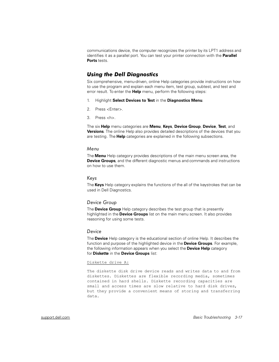 Using the dell diagnostics, Menu, Keys | Device group, Device, Using the dell diagnostics -17, Menu -17, Keys -17, Device group -17, Device -17 | Dell Inspiron 2000 User Manual | Page 55 / 132