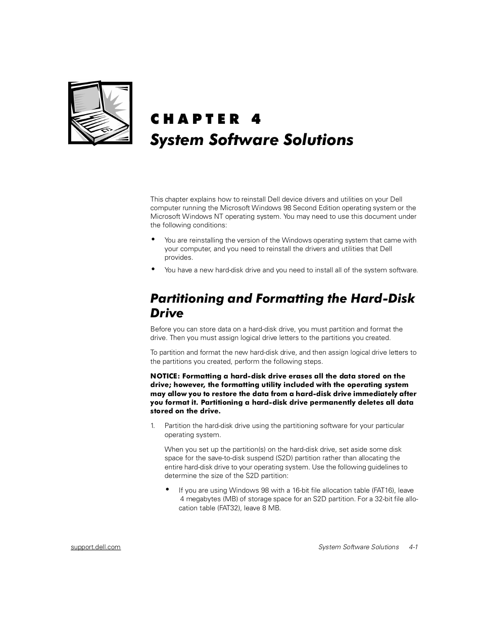 System software solutions, Partitioning and formatting the hard-disk drive, Partitioning and formatting the hard-disk drive -1 | Dell Inspiron 2000 User Manual | Page 57 / 132