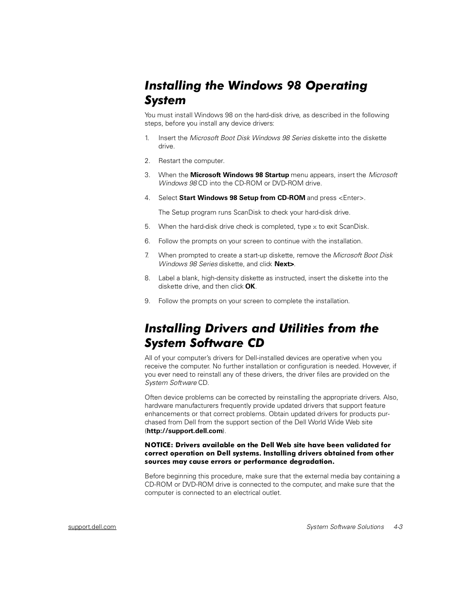 Installing the windows 98 operating system, Installing the windows 98 operating system -3 | Dell Inspiron 2000 User Manual | Page 59 / 132