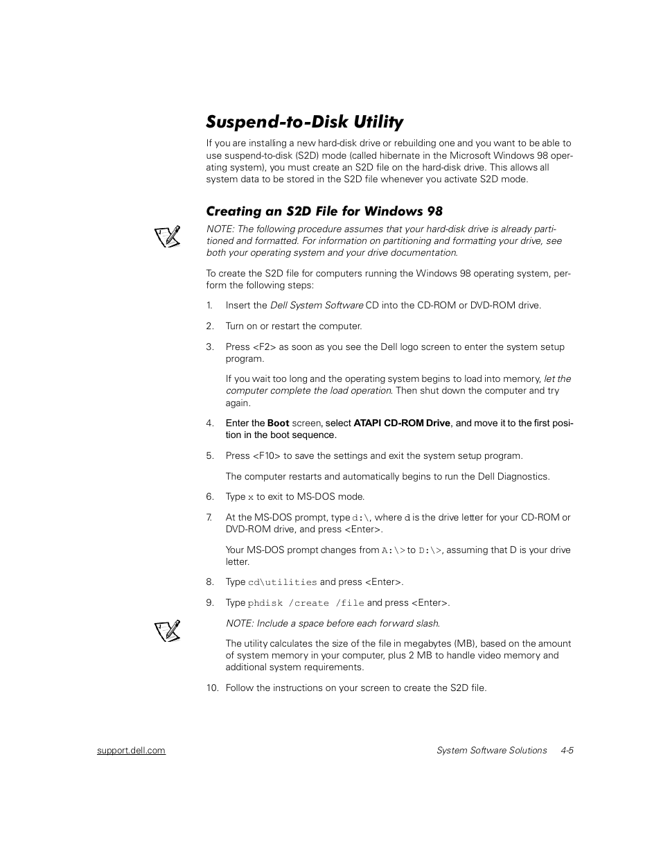 Suspend-to-disk utility, Creating an s2d file for windows 98, Suspend-to-disk utility -5 | Creating an s2d file for windows 98 -5 | Dell Inspiron 2000 User Manual | Page 61 / 132