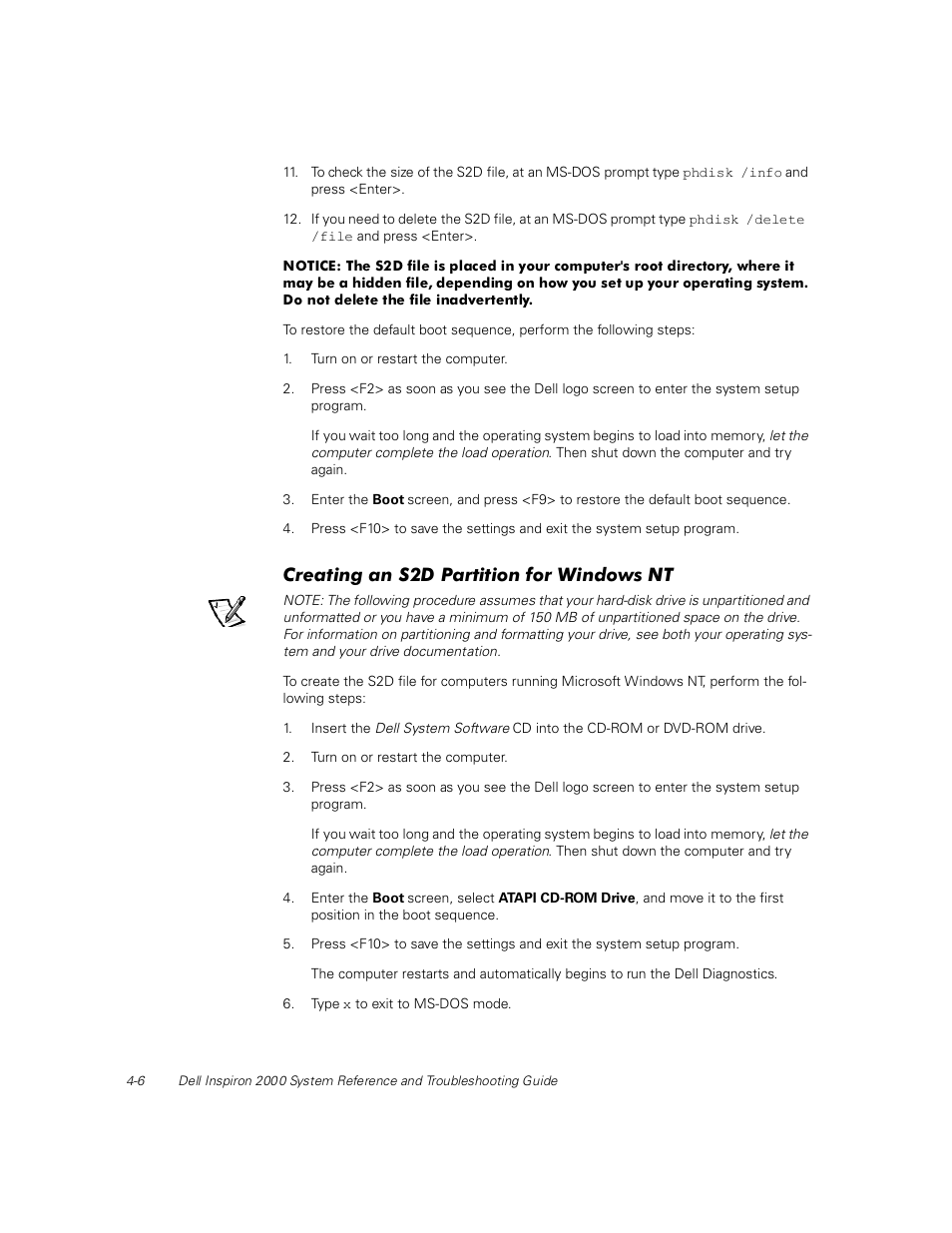 Creating an s2d partition for windows nt, Creating an s2d partition for windows nt -6 | Dell Inspiron 2000 User Manual | Page 62 / 132