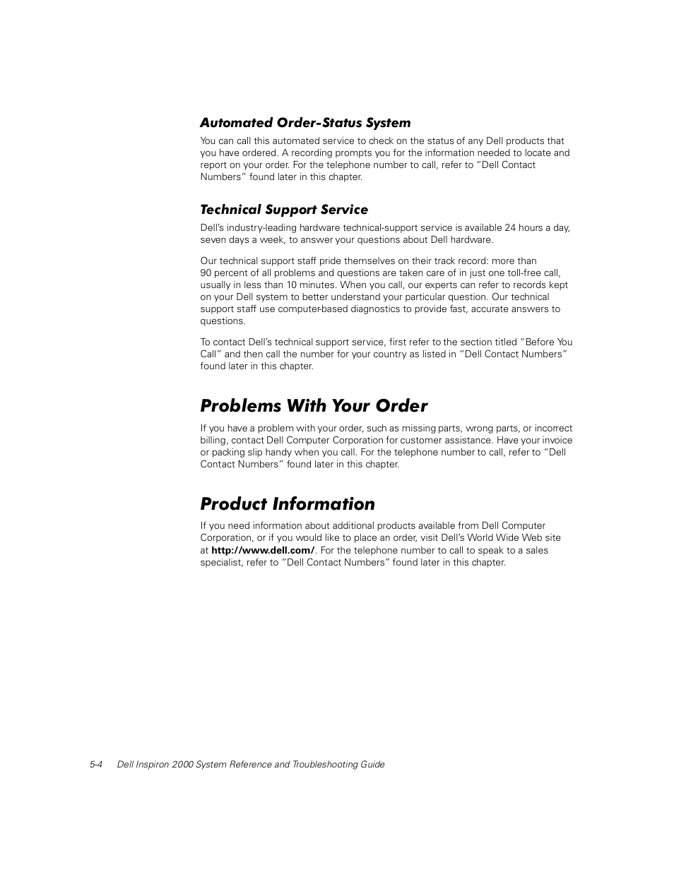 Automated order-status system, Technical support service, Problems with your order | Product information, Automated order-status system -4, Technical support service -4, Problems with your order -4, Product information -4 | Dell Inspiron 2000 User Manual | Page 68 / 132