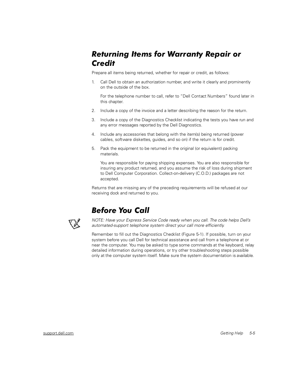 Returning items for warranty repair or credit, Before you call, Returning items for warranty repair or credit -5 | Before you call -5 | Dell Inspiron 2000 User Manual | Page 69 / 132