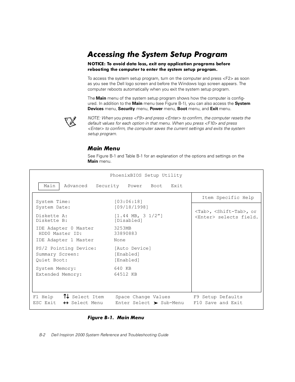 Accessing the system setup program, Main menu, Figure b-1 | Dell Inspiron 2000 User Manual | Page 92 / 132