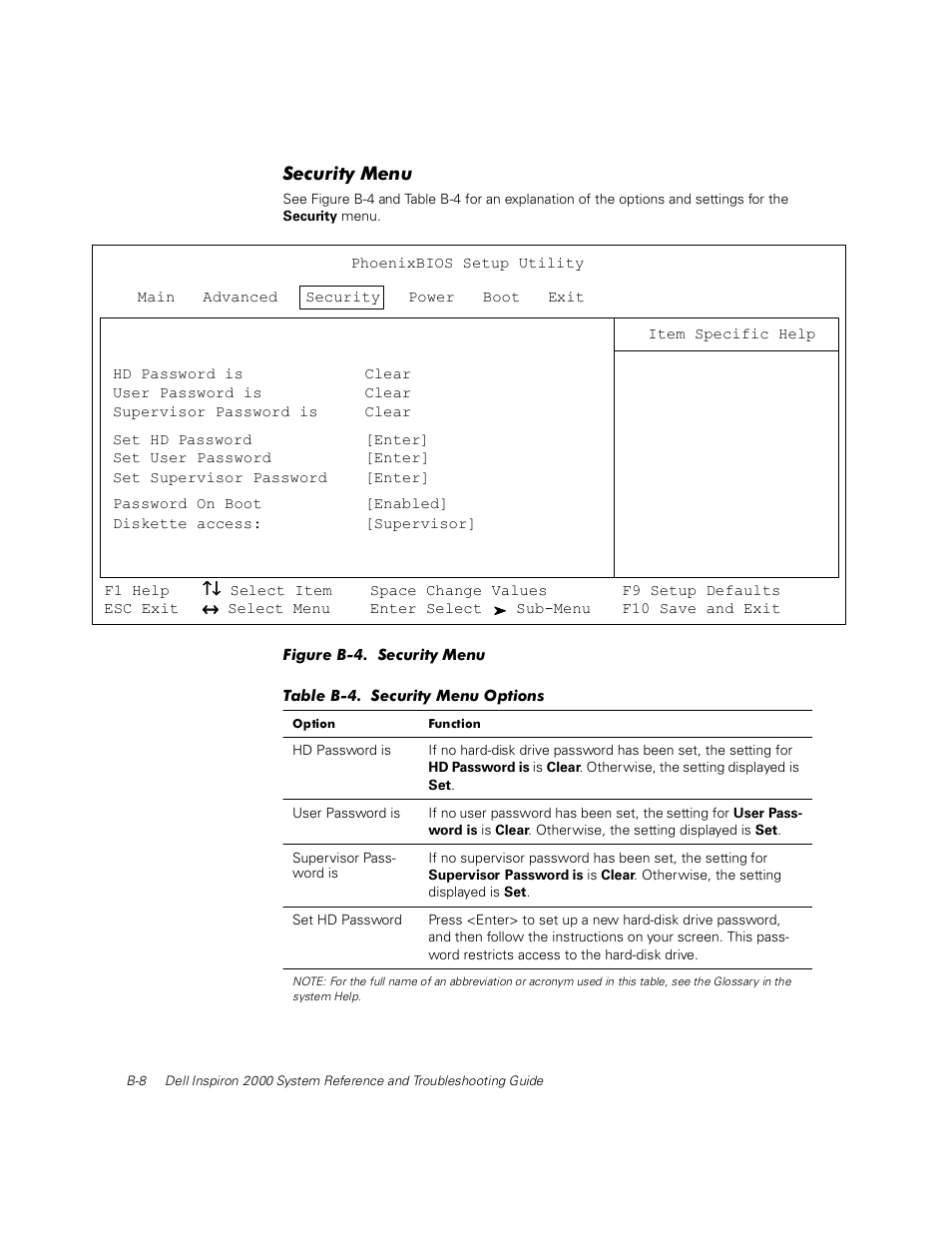 Security menu, Figure b-4, Table b-4 | Dell Inspiron 2000 User Manual | Page 98 / 132