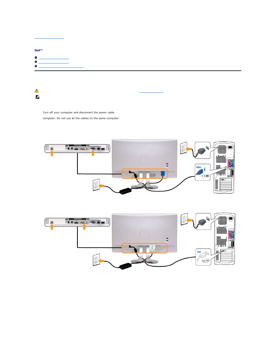 Setting up the monitor, Connecting your monitor, Connecting the blue vga cable | Connecting the white dvi cable, Connecting the hdmi cable | Dell D2201 Monitor User Manual | Page 34 / 43