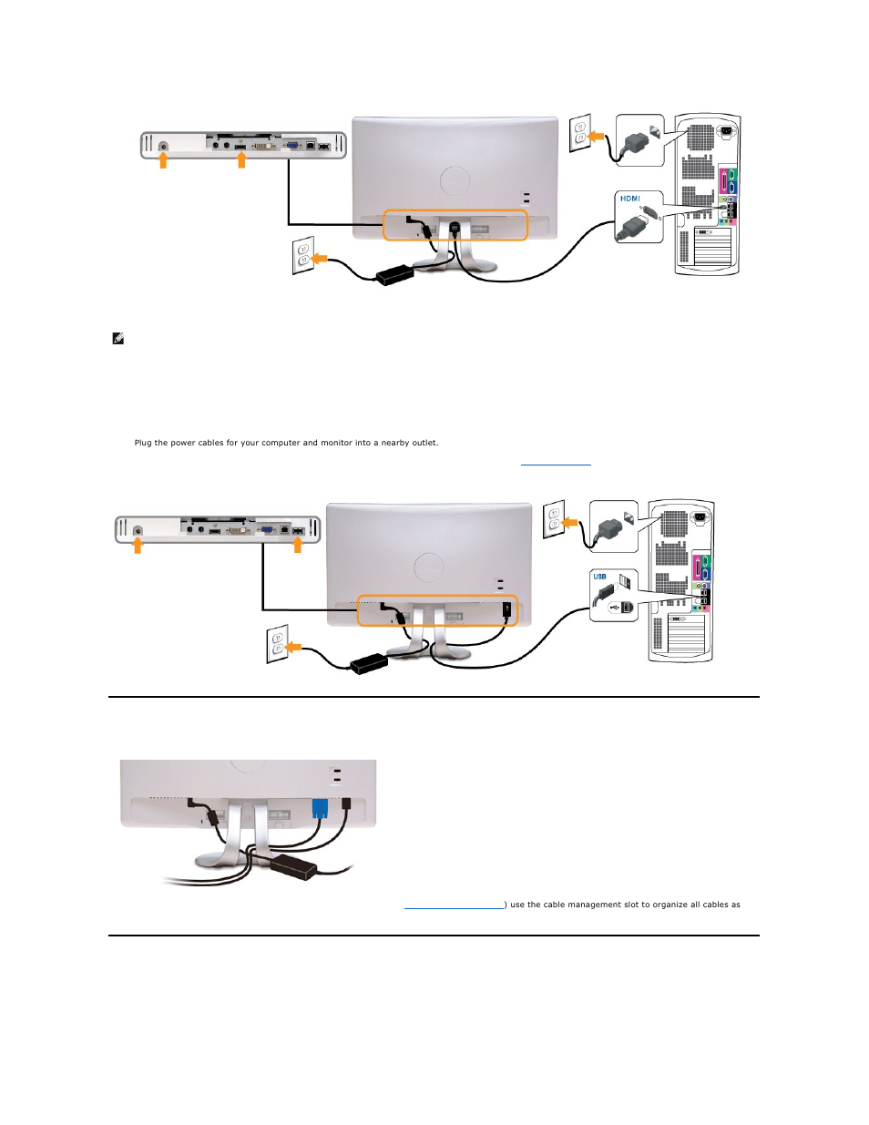 Organizing your cables, Connecting the usb cable, Attaching the soundbar (optional) | Dell D2201 Monitor User Manual | Page 35 / 43