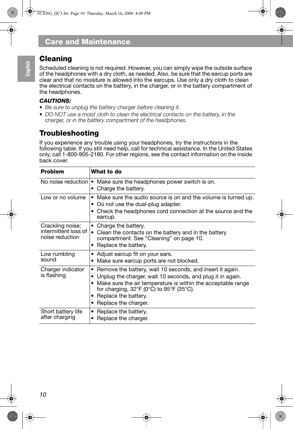 Care and maintenance, Cleaning, Troubleshooting | Bose QuietComfort 3 User Manual | Page 10 / 44