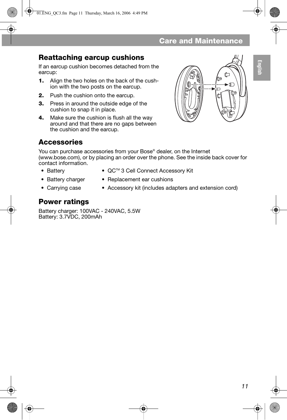 Care and maintenance, Reattaching earcup cushions, Accessories | Power ratings | Bose QuietComfort 3 User Manual | Page 11 / 44