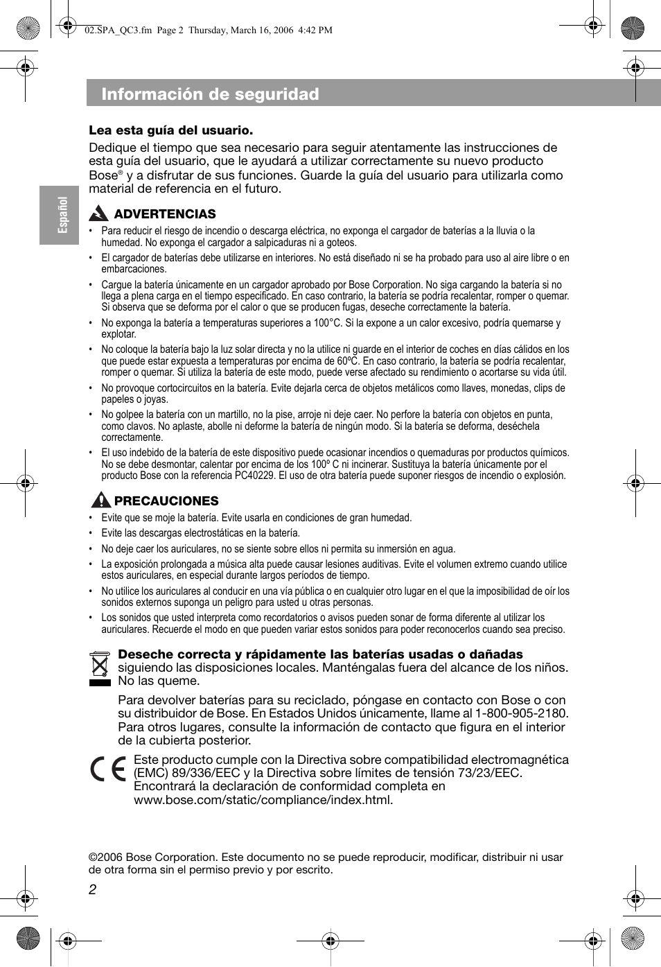 Información de seguridad | Bose QuietComfort 3 User Manual | Page 12 / 44