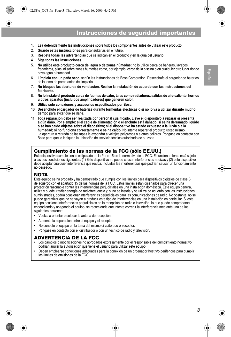 Nota, Advertencia de la fcc, Instrucciones de seguridad importantes | Cumplimiento de las normas de la fcc (sólo ee.uu.) | Bose QuietComfort 3 User Manual | Page 13 / 44