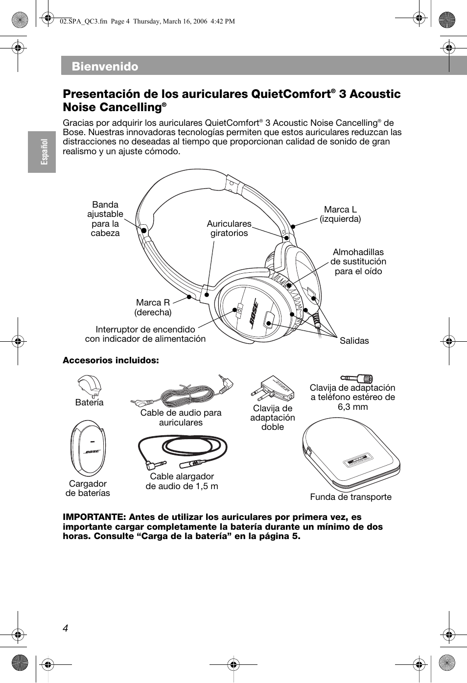 Bienvenido, Presentación de los auriculares quietcomfort, 3 acoustic noise cancelling | Bose QuietComfort 3 User Manual | Page 14 / 44