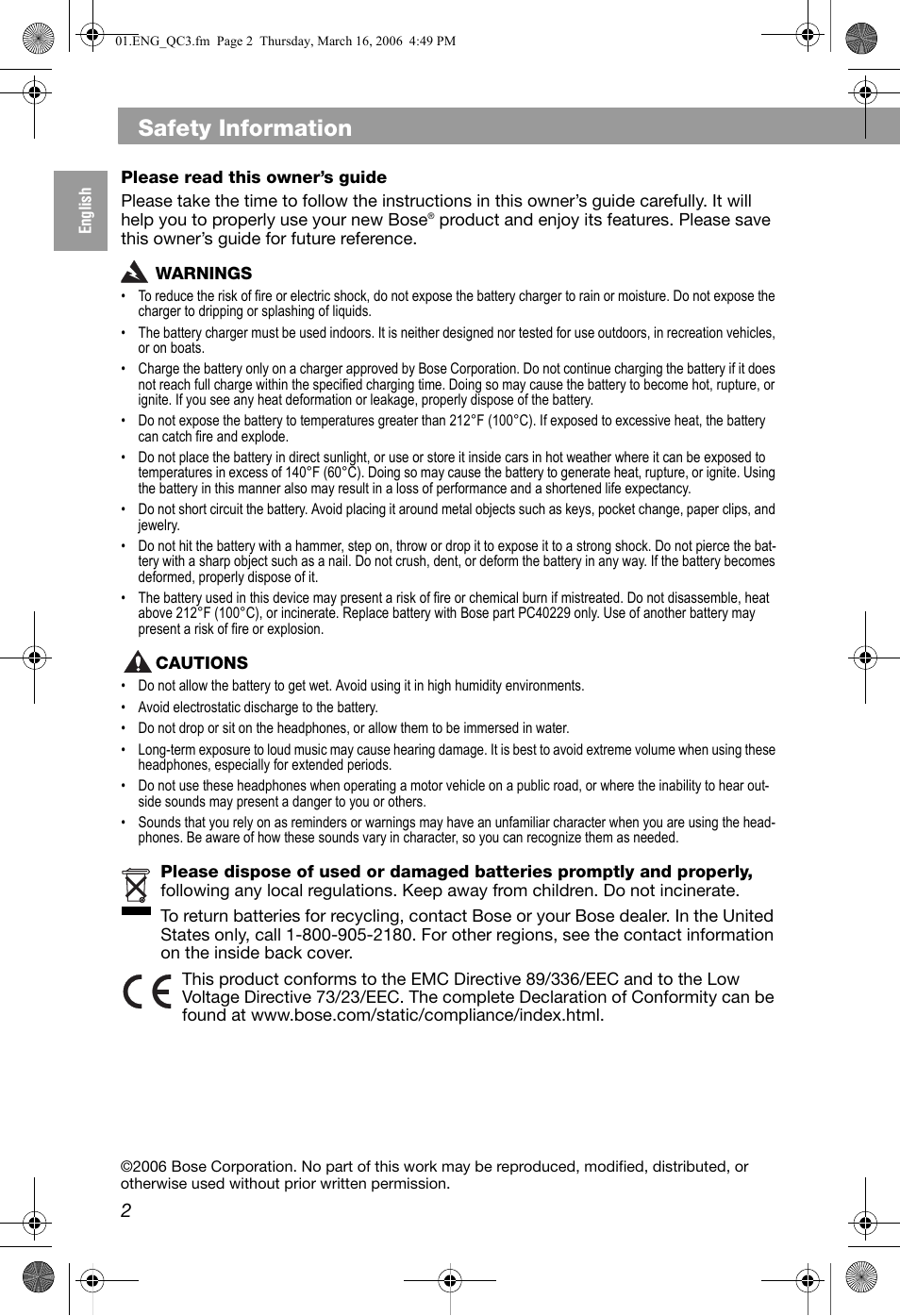 Safety information | Bose QuietComfort 3 User Manual | Page 2 / 44