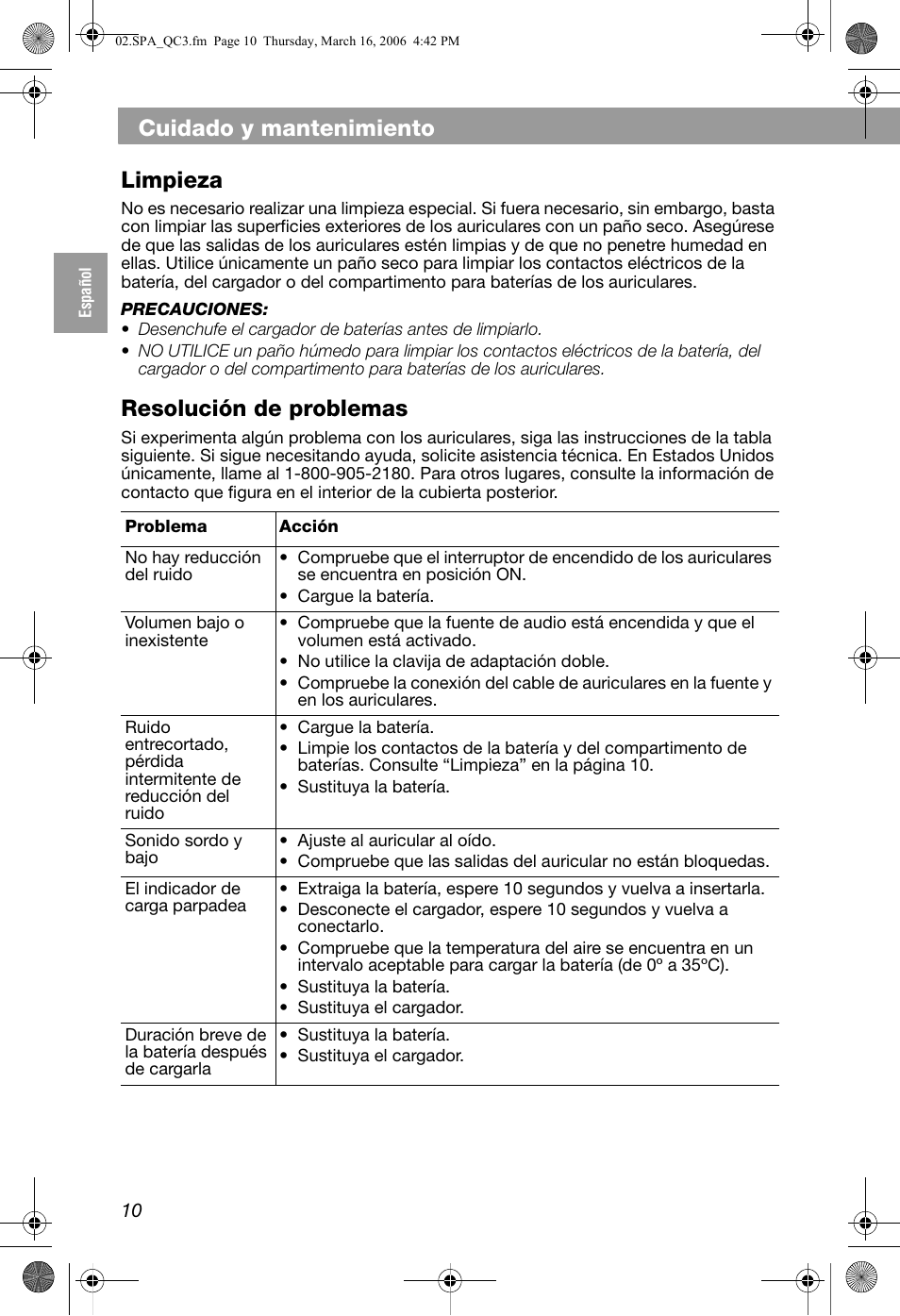 Cuidado y mantenimiento, Limpieza, Resolución de problemas | Bose QuietComfort 3 User Manual | Page 20 / 44