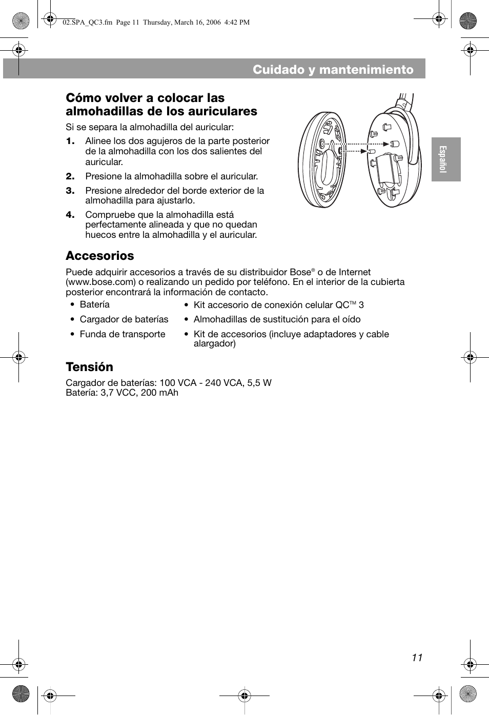 Cuidado y mantenimiento, Accesorios, Tensión | Bose QuietComfort 3 User Manual | Page 21 / 44
