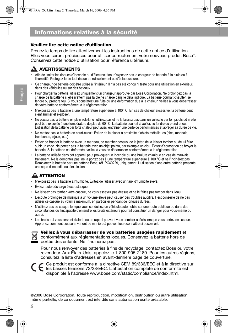Informations relatives à la sécurité | Bose QuietComfort 3 User Manual | Page 22 / 44