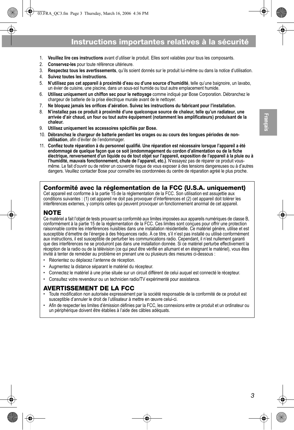 Note, Avertissement de la fcc, Instructions importantes relatives à la sécurité | Bose QuietComfort 3 User Manual | Page 23 / 44