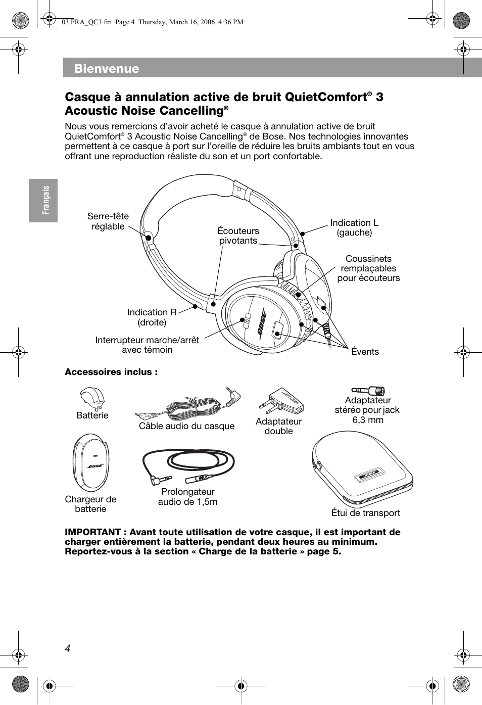 Bienvenue, Casque à annulation active de bruit quietcomfort, 3acoustic noise cancelling | Bose QuietComfort 3 User Manual | Page 24 / 44
