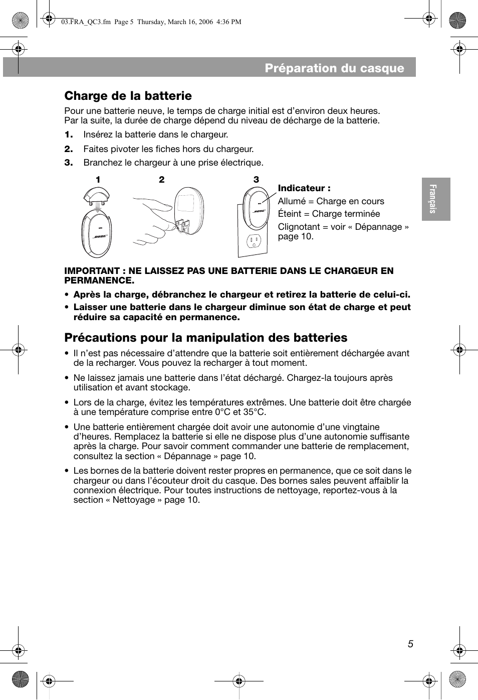 Préparation du casque, Charge de la batterie, Précautions pour la manipulation des batteries | Bose QuietComfort 3 User Manual | Page 25 / 44
