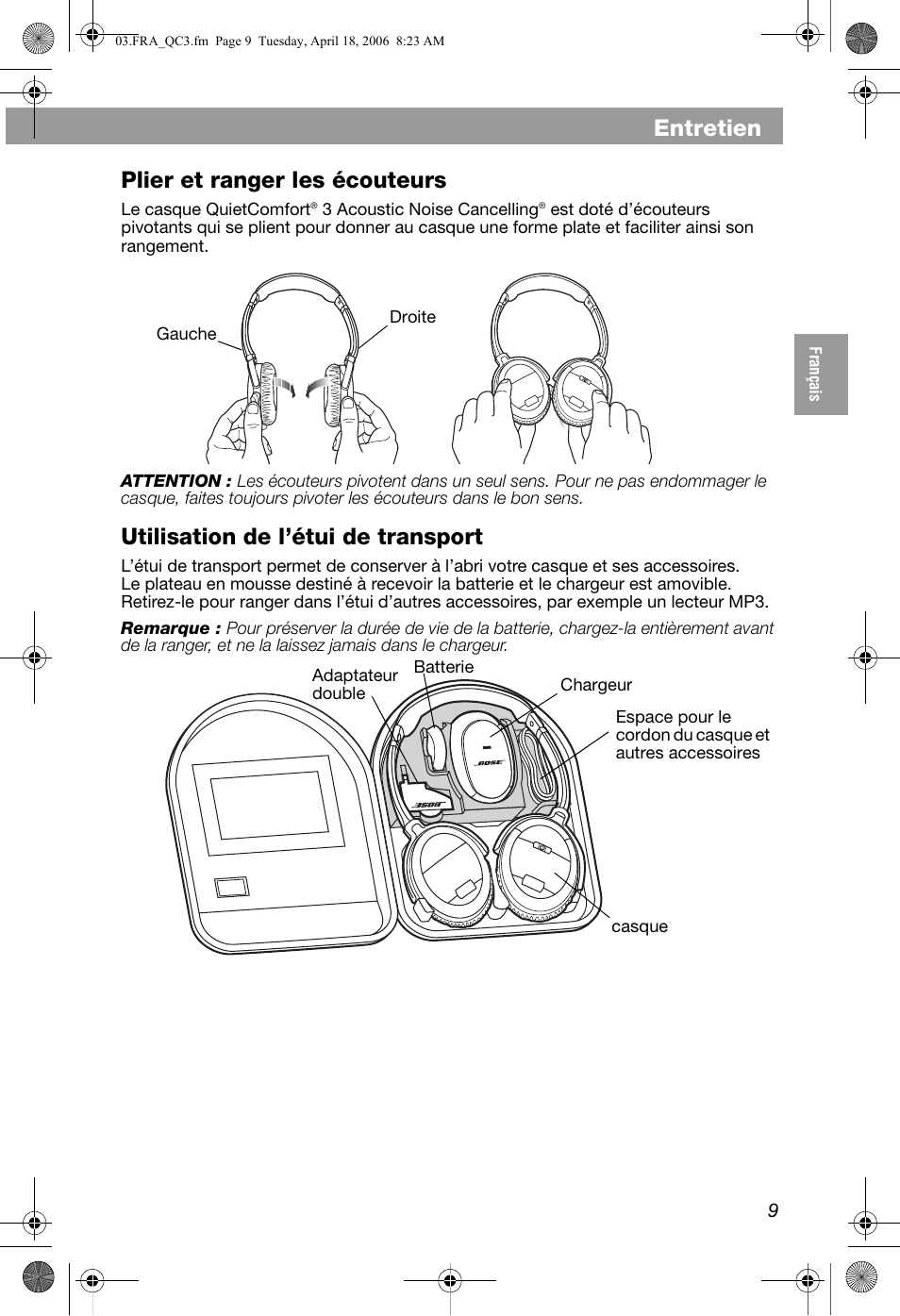 Entretien, Plier et ranger les écouteurs, Utilisation de l’étui de transport | Bose QuietComfort 3 User Manual | Page 29 / 44