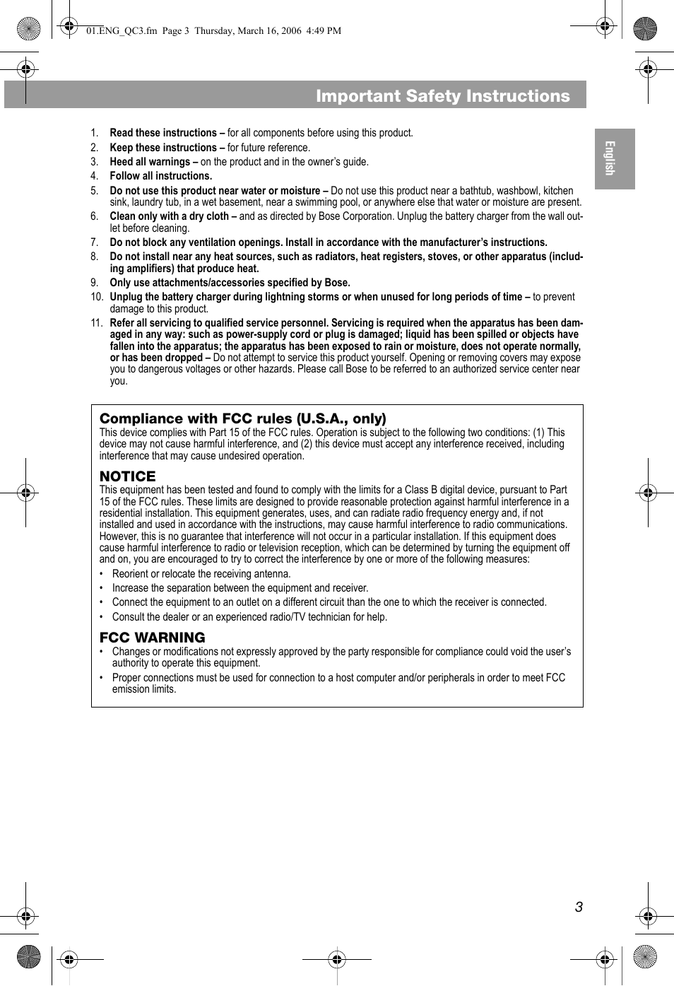 Notice, Fcc warning, Important safety instructions | Compliance with fcc rules (u.s.a., only) | Bose QuietComfort 3 User Manual | Page 3 / 44