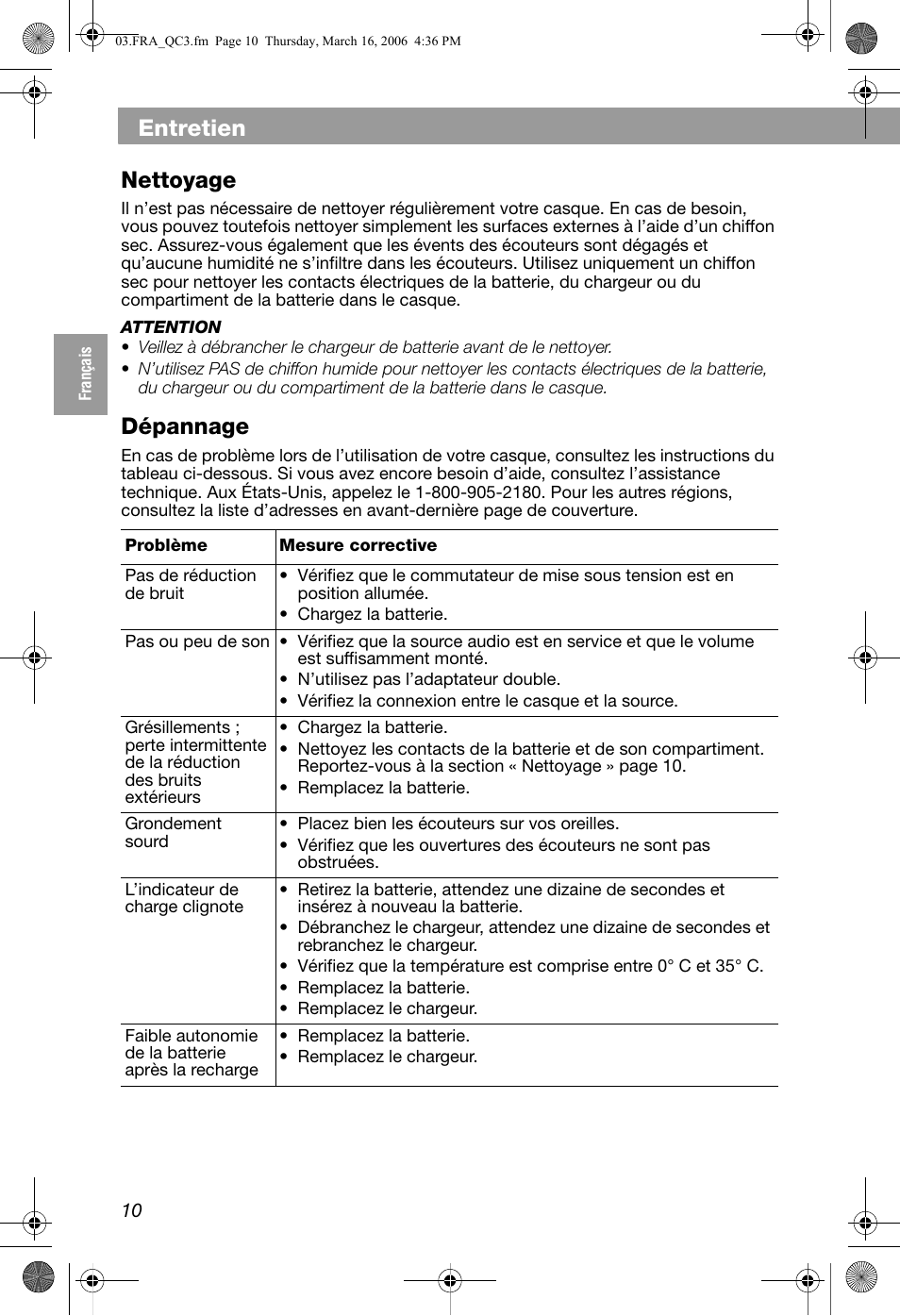 Entretien, Nettoyage, Dépannage | Bose QuietComfort 3 User Manual | Page 30 / 44