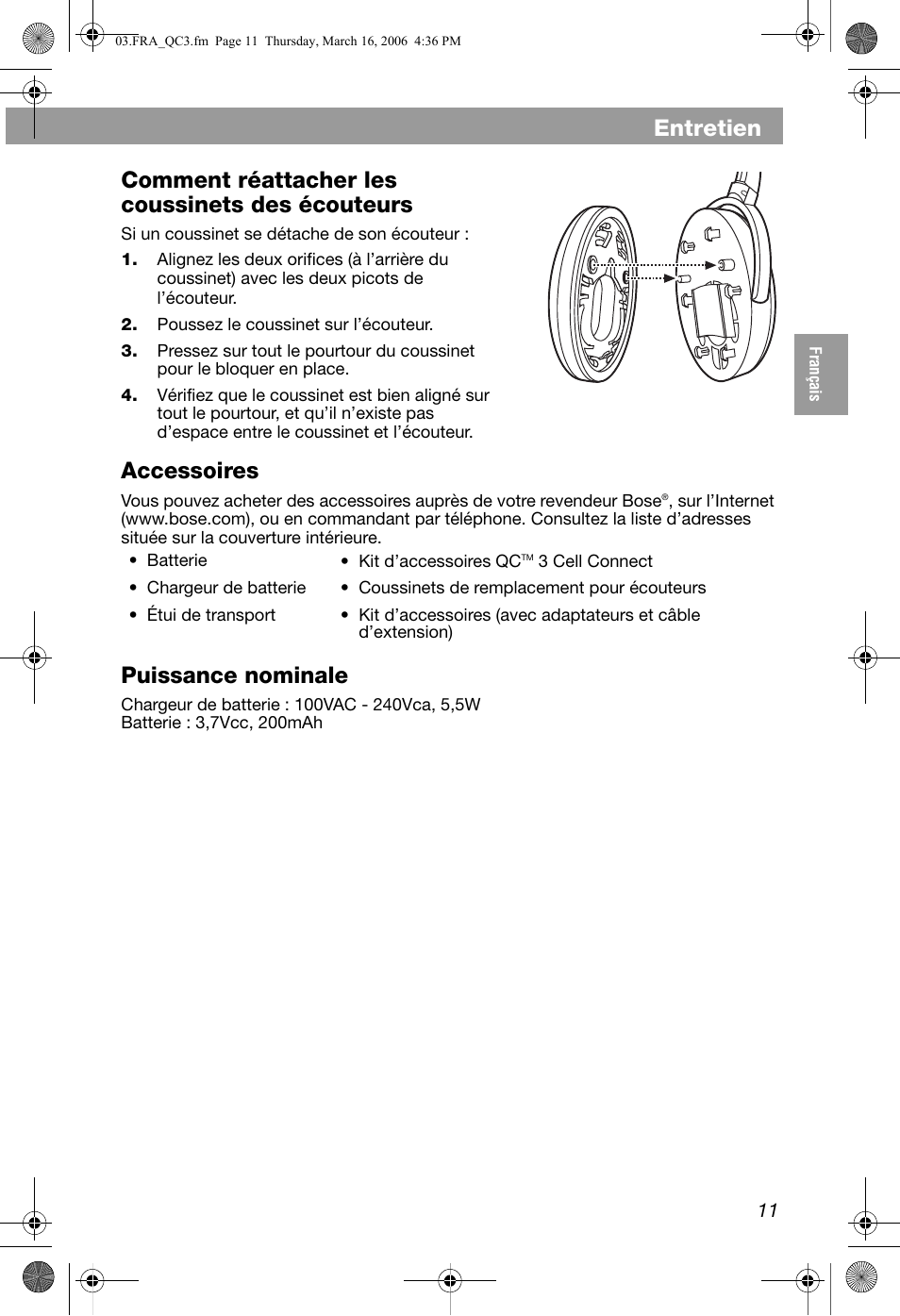 Entretien, Comment réattacher les coussinets des écouteurs, Accessoires | Puissance nominale | Bose QuietComfort 3 User Manual | Page 31 / 44