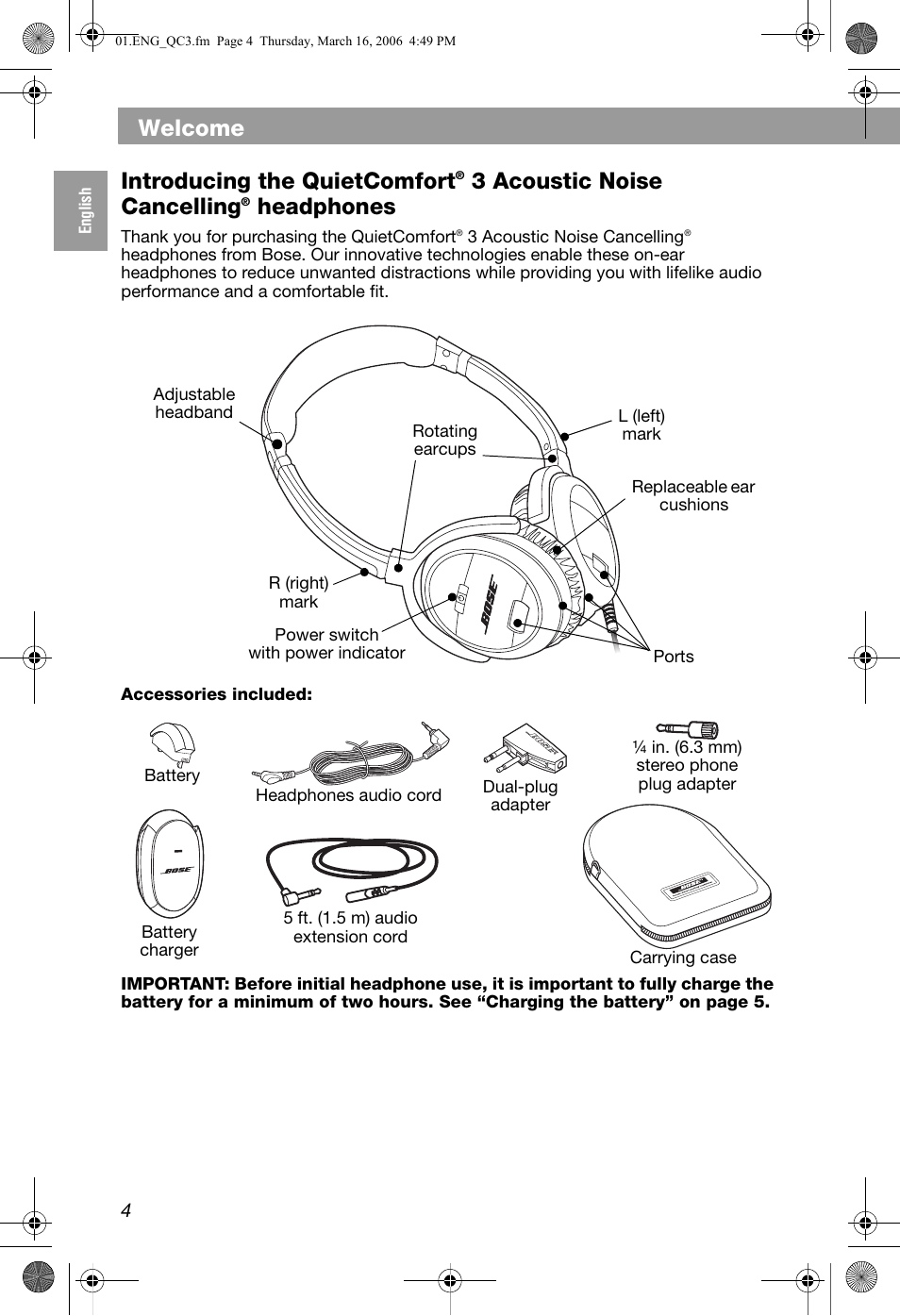 Welcome, Introducing the quietcomfort, 3 acoustic noise cancelling | Headphones | Bose QuietComfort 3 User Manual | Page 4 / 44