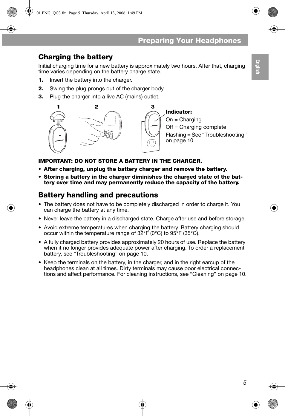 Preparing your headphones, Charging the battery, Battery handling and precautions | Bose QuietComfort 3 User Manual | Page 5 / 44