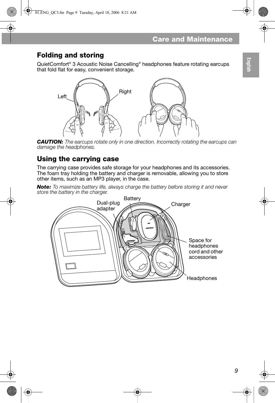 Care and maintenance, Folding and storing, Using the carrying case | Bose QuietComfort 3 User Manual | Page 9 / 44
