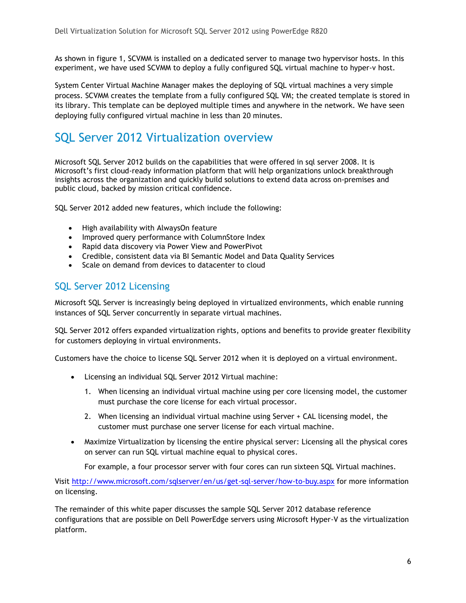 Sql server 2012 virtualization overview, Sql server 2012 licensing | Dell PowerEdge R820 User Manual | Page 6 / 18