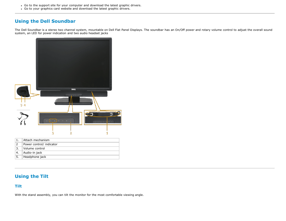 Using the dell soundbar (optional), Using the tilt, Using the dell soundbar | Dell E2213H Monitor User Manual | Page 39 / 51
