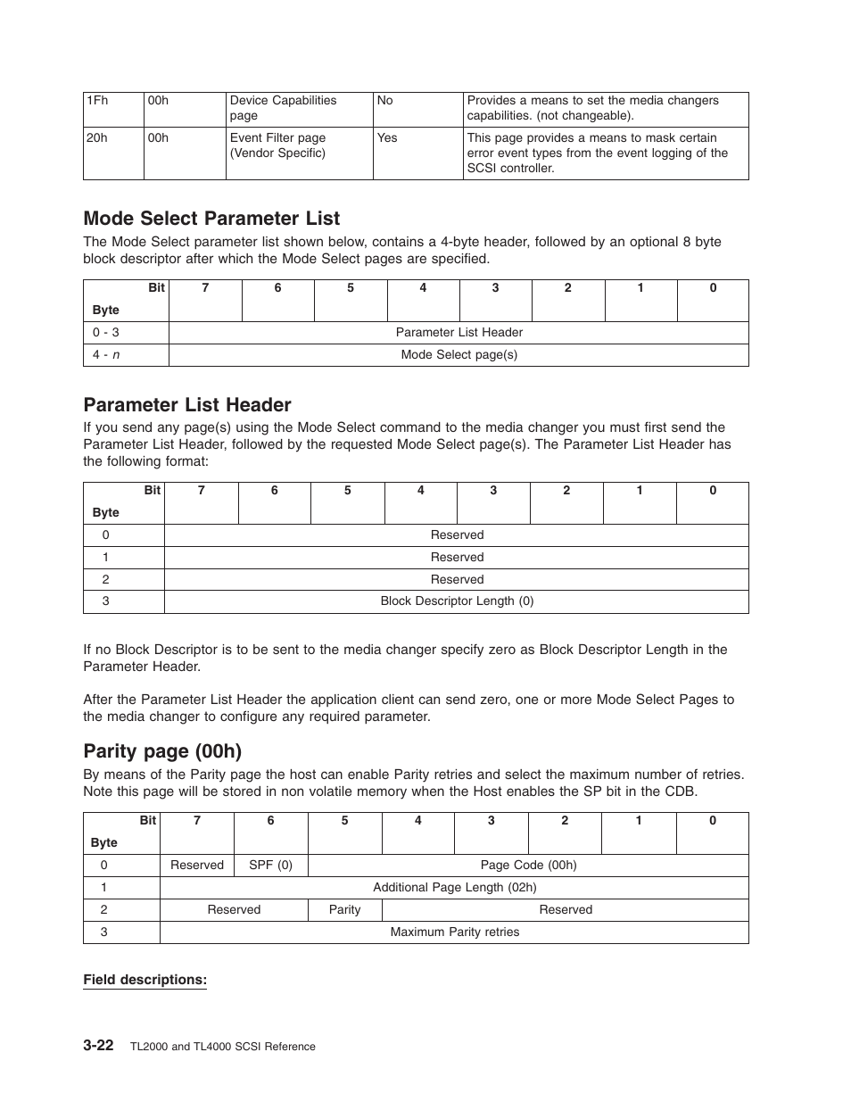 Mode select parameter list, Parameter list header, Mode | Select, Parameter, List, Header, Parity, 00h), Page | Dell PowerVault TL4000 User Manual | Page 36 / 116