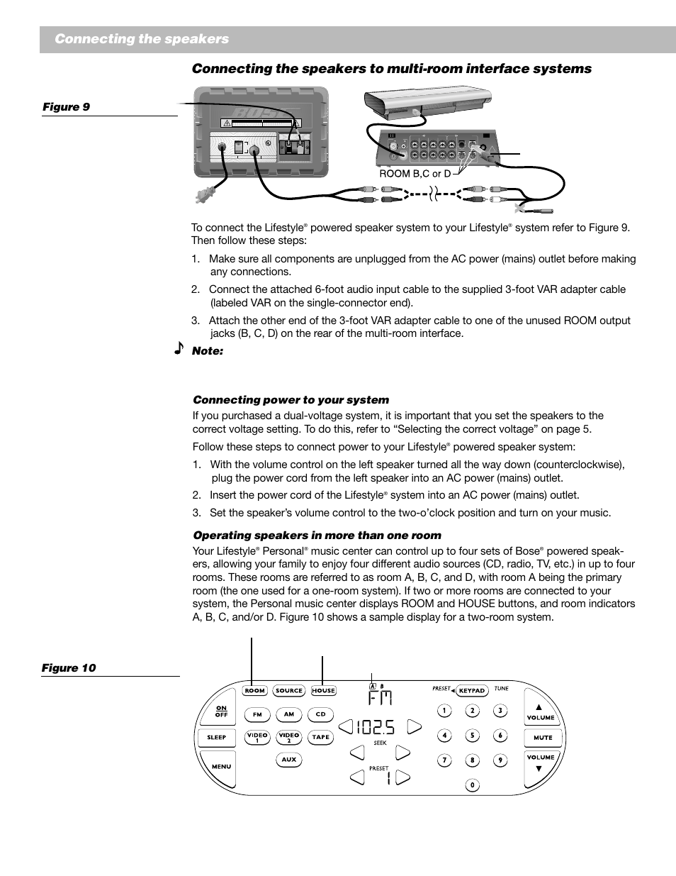 Connecting the speakers, Powered speaker system to your lifestyle, Personal | Music center can control up to four sets of bose, Figure 9, Sample display for a two-room system, Black to black red t o red, Voltage selector, Primary), Serial data | Bose Lifestyle Surround Sound Speaker System User Manual | Page 10 / 19