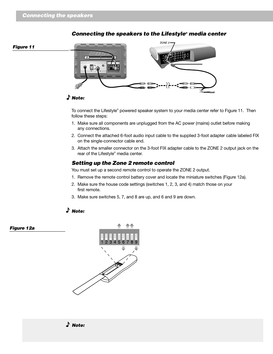 Connecting the speakers to the lifestyle, Media center, Setting up the zone 2 remote control | Connecting the speakers | Bose Lifestyle Surround Sound Speaker System User Manual | Page 12 / 19