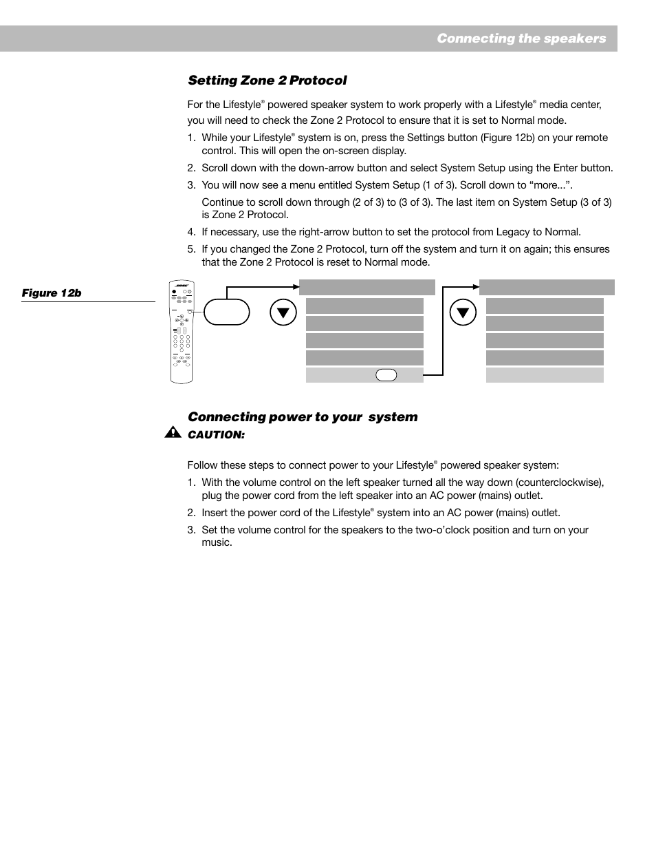 Setting zone 2 protocol, Connecting power to your system, Connecting the speakers | Settings | Bose Lifestyle Surround Sound Speaker System User Manual | Page 13 / 19