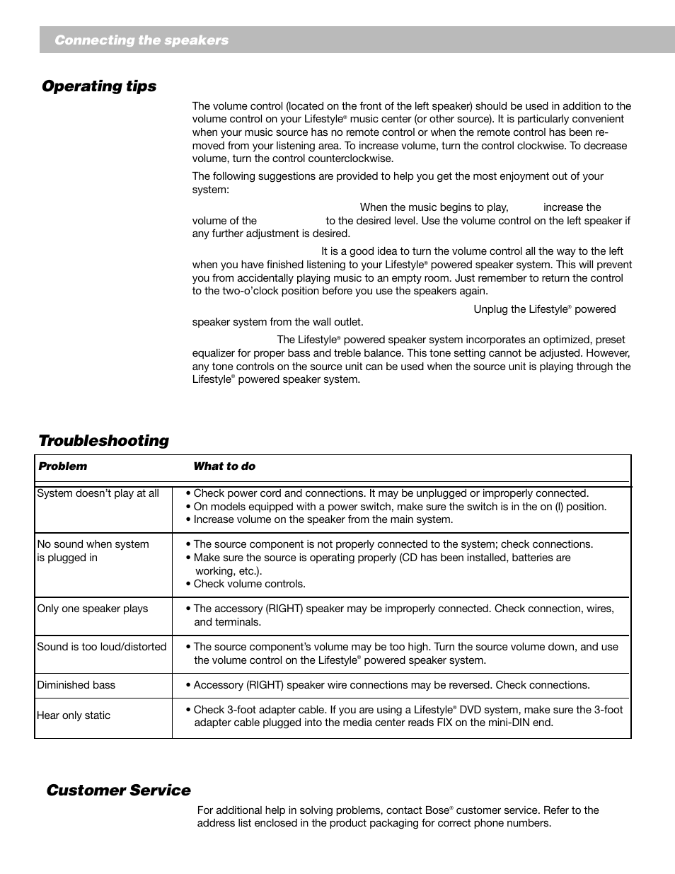 Troubleshooting, Operating tips, Customer service | Connecting the speakers | Bose Lifestyle Surround Sound Speaker System User Manual | Page 16 / 19