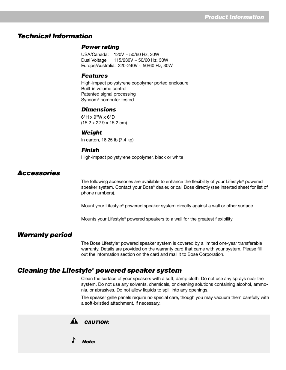 Technical information, Accessories, Warranty period | Cleaning the lifestyle, Powered speaker system | Bose Lifestyle Surround Sound Speaker System User Manual | Page 17 / 19