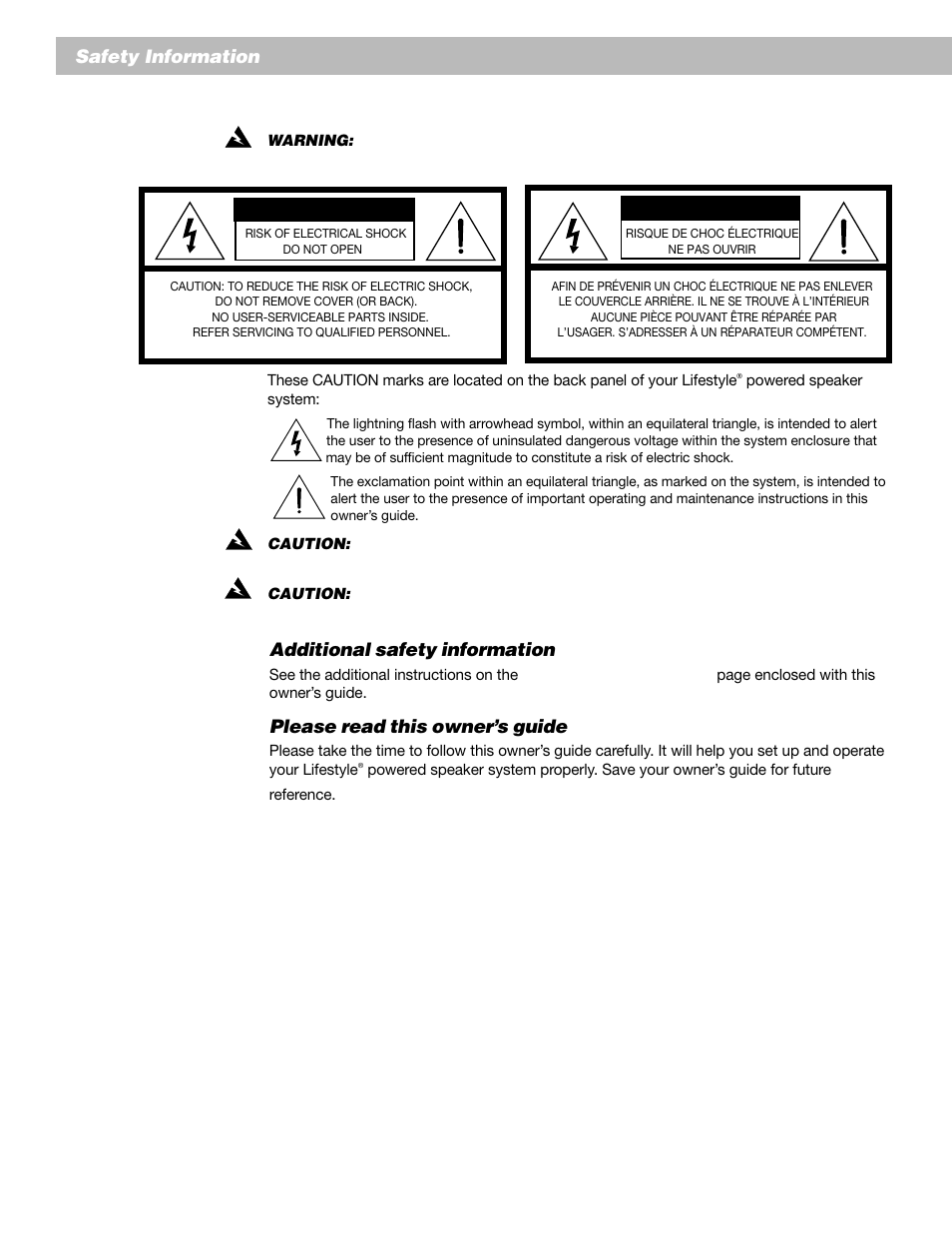 Caution avis, Safety information, Additional safety information | Please read this owner’s guide | Bose Lifestyle Surround Sound Speaker System User Manual | Page 2 / 19