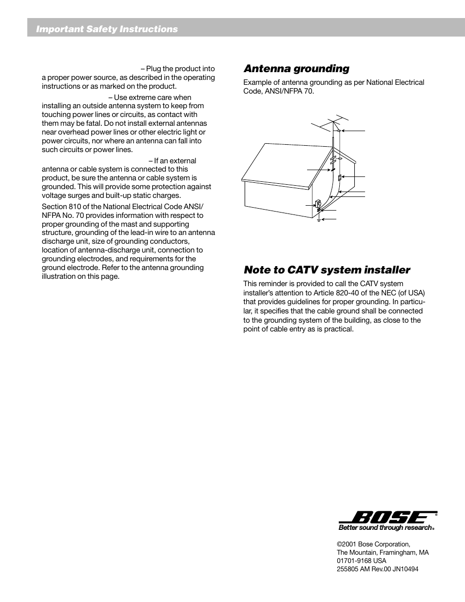 Antenna grounding | Bose Lifestyle Surround Sound Speaker System User Manual | Page 4 / 19