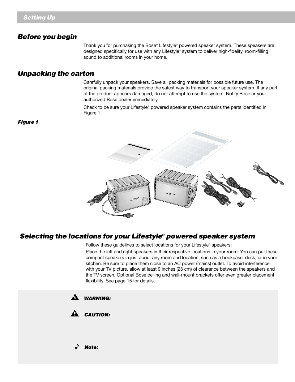 Before you begin, Unpacking the carton, Selecting the locations for your lifestyle | Powered speaker system, Setting up | Bose Lifestyle Surround Sound Speaker System User Manual | Page 6 / 19