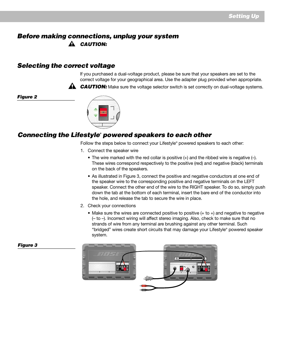 Connecting the lifestyle, Powered speakers to each other, Before making connections, unplug your system | Selecting the correct voltage, Setting up, Caution, Follow the steps below to connect your lifestyle, Powered speaker system. figure 3, It is important that you unplug your lifestyle | Bose Lifestyle Surround Sound Speaker System User Manual | Page 7 / 19