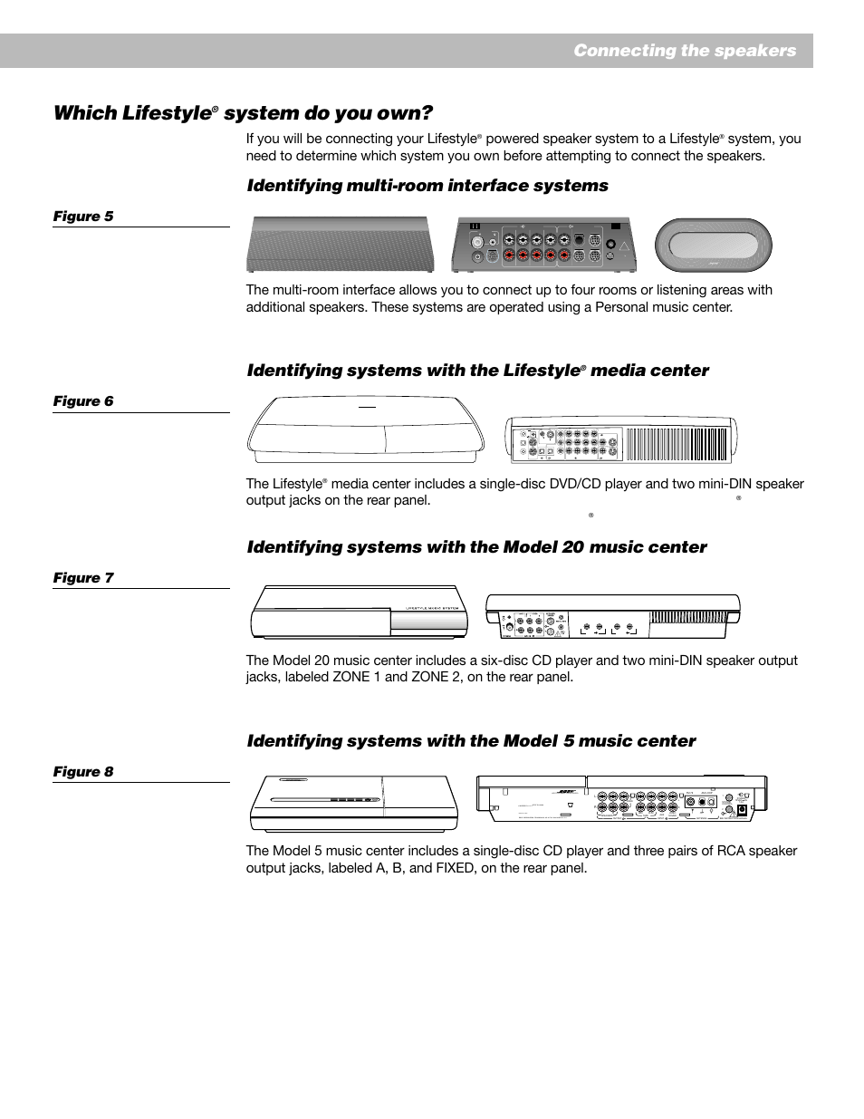Which lifestyle, System do you own, Identifying multi-room interface systems | Identifying systems with the lifestyle, Media center, Identifying systems with the model 20, Identifying systems with the model, 5 music center, Connecting the speakers, If you will be connecting your lifestyle | Bose Lifestyle Surround Sound Speaker System User Manual | Page 9 / 19